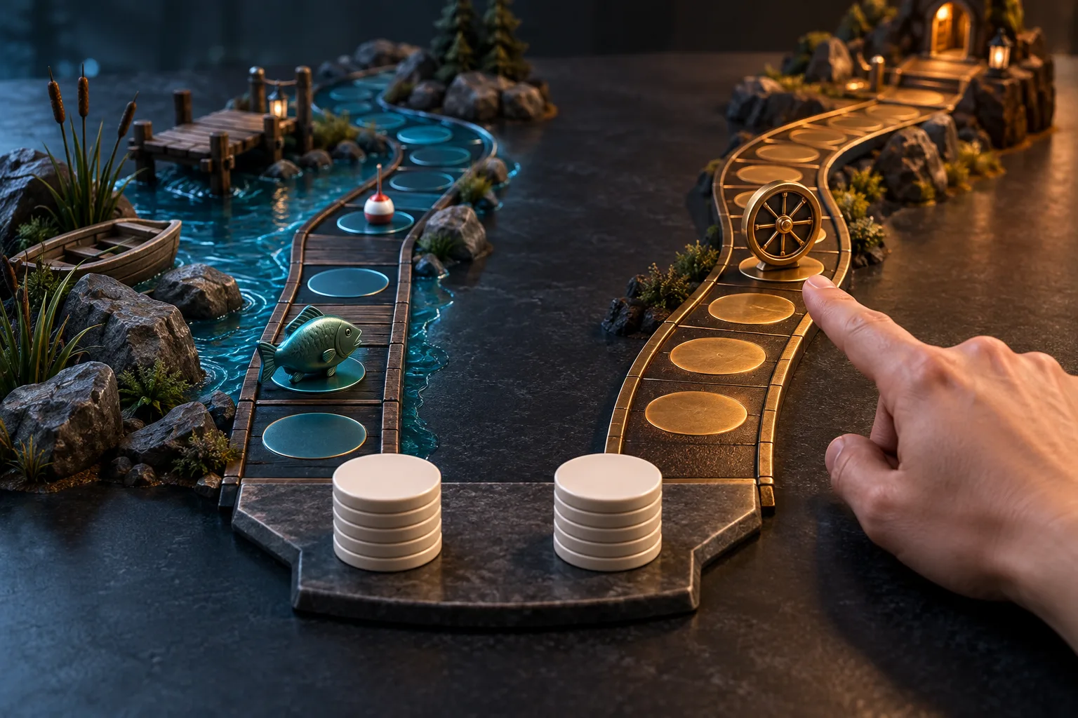 Equal stacks of wager tokens producing visibly different amounts of progress along separate paths, An anonymous hand