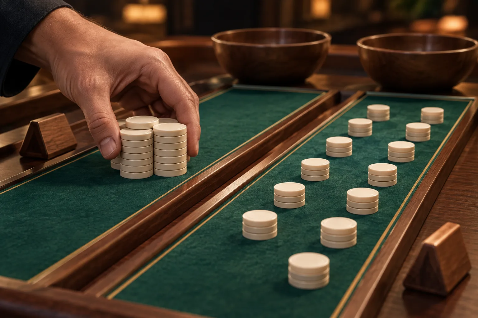 A comparison between a few large token placements and many smaller placements, A cropped hand places a large token group on