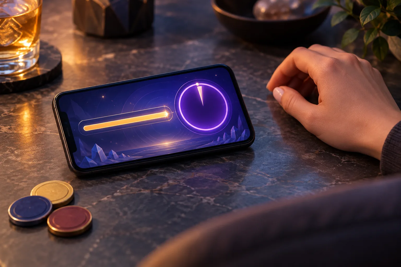 An unidentifiable hand resting beside a phone after play has stopped, The hand stays away from the phone's game controls