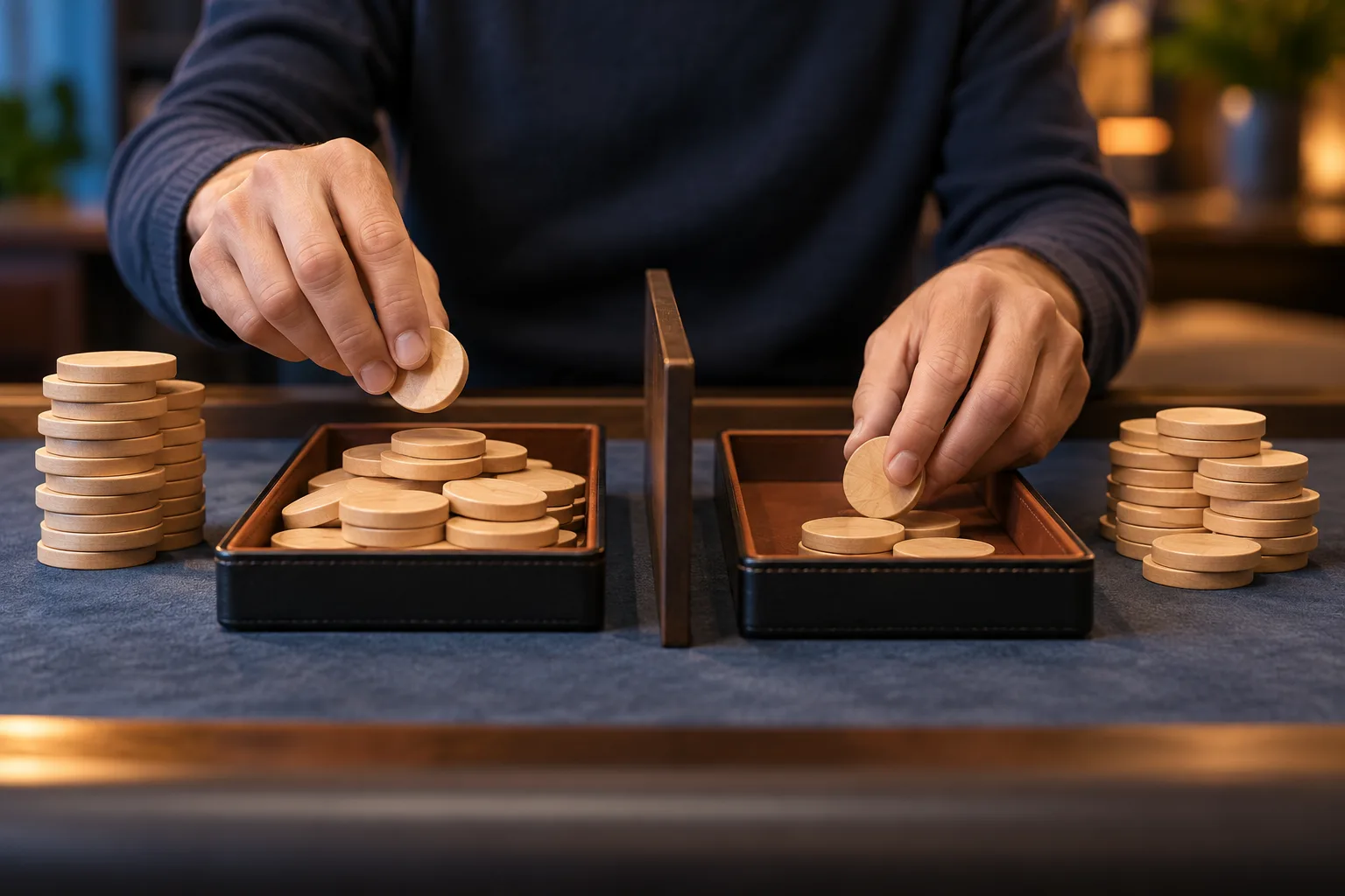 Anonymous hands separating eligible credit from a larger group of wager counters, One tray receives an entire wager pile