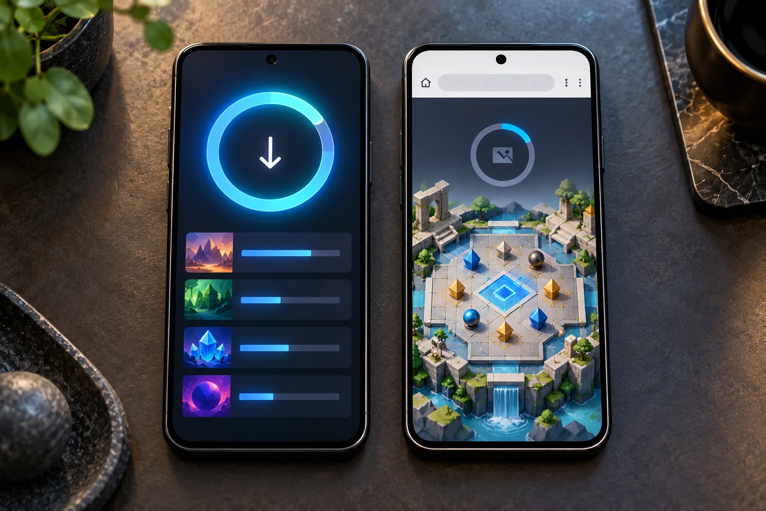 Two phones illustrating installation overhead versus direct browser loading, One phone displays a large app download