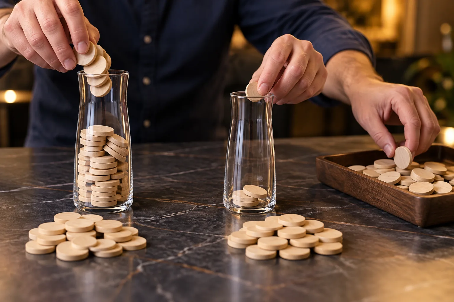 Two transparent progress vessels receiving visibly different portions from matching token piles, Cropped hands transfer an