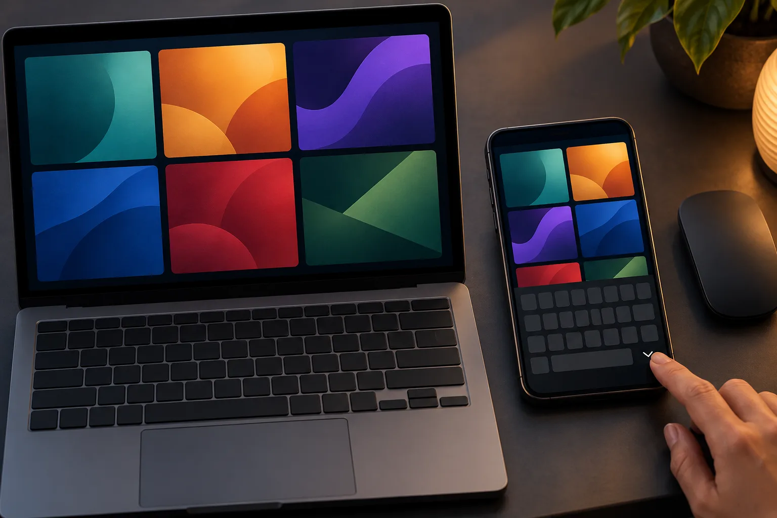 The same abstract promotional layout constrained on a phone and expanded on a laptop, An anonymous fingertip reaches toward