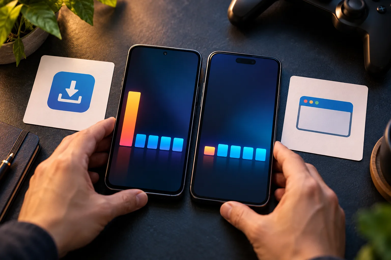 Two phones displaying abstract data-use bars that separate an initial download from continuing activity, Anonymous hands